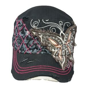 Leader Army Cap Black One Size Frayed Butterfly Rhinestone Filigree Patch Hat